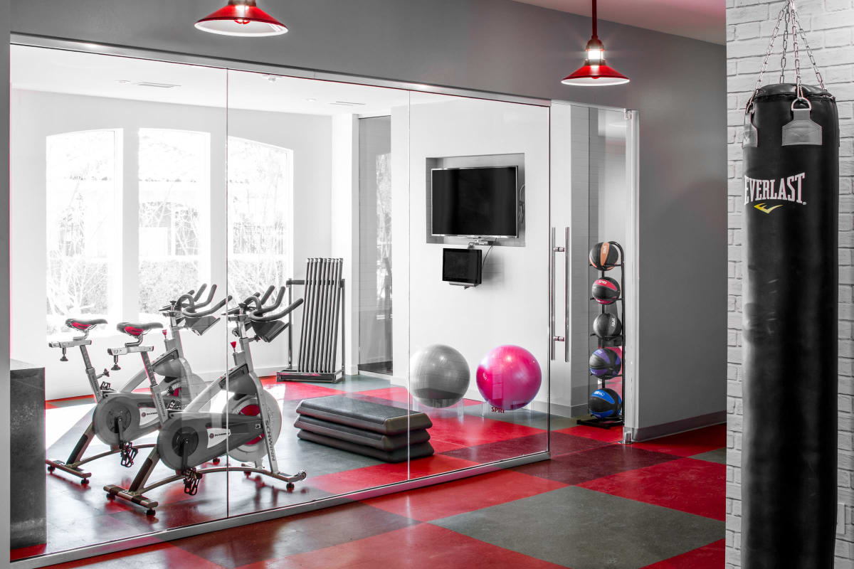 Spin studio with fitness on demand in the fitness center at The Scarlet in Lubbock, Texas
