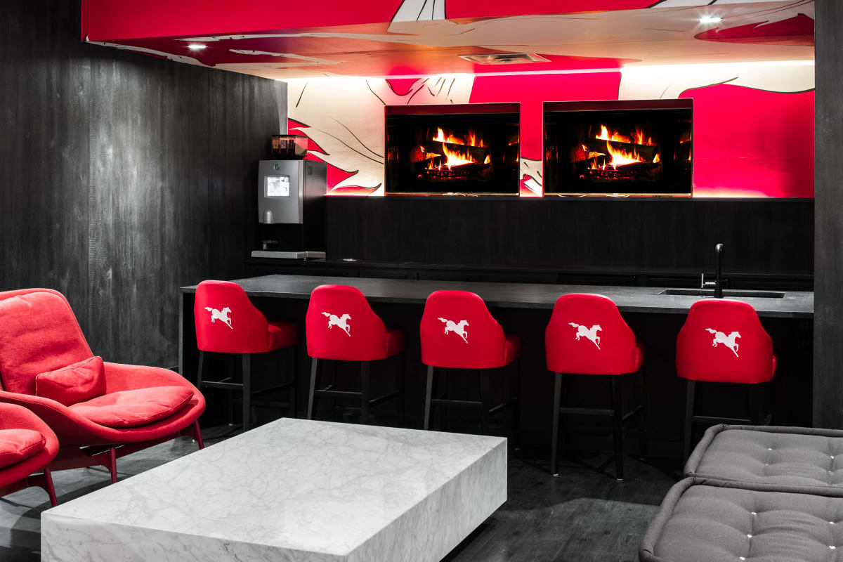 Resident lounge and coffee bar at The Scarlet in Lubbock, Texas