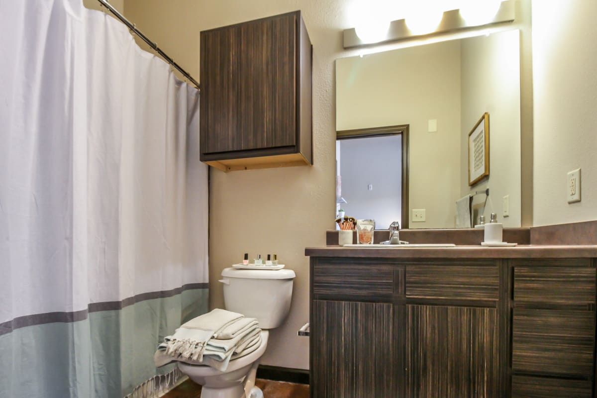 Bathroom with a tub/shower combination and a vanity at Crimson in Tuscaloosa, Alabama