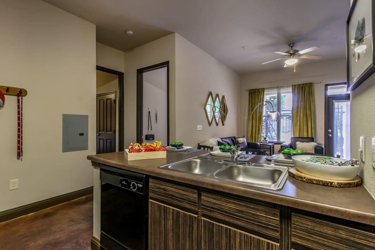 Kitchen in a student apartment at Crimson in Tuscaloosa, Alabama