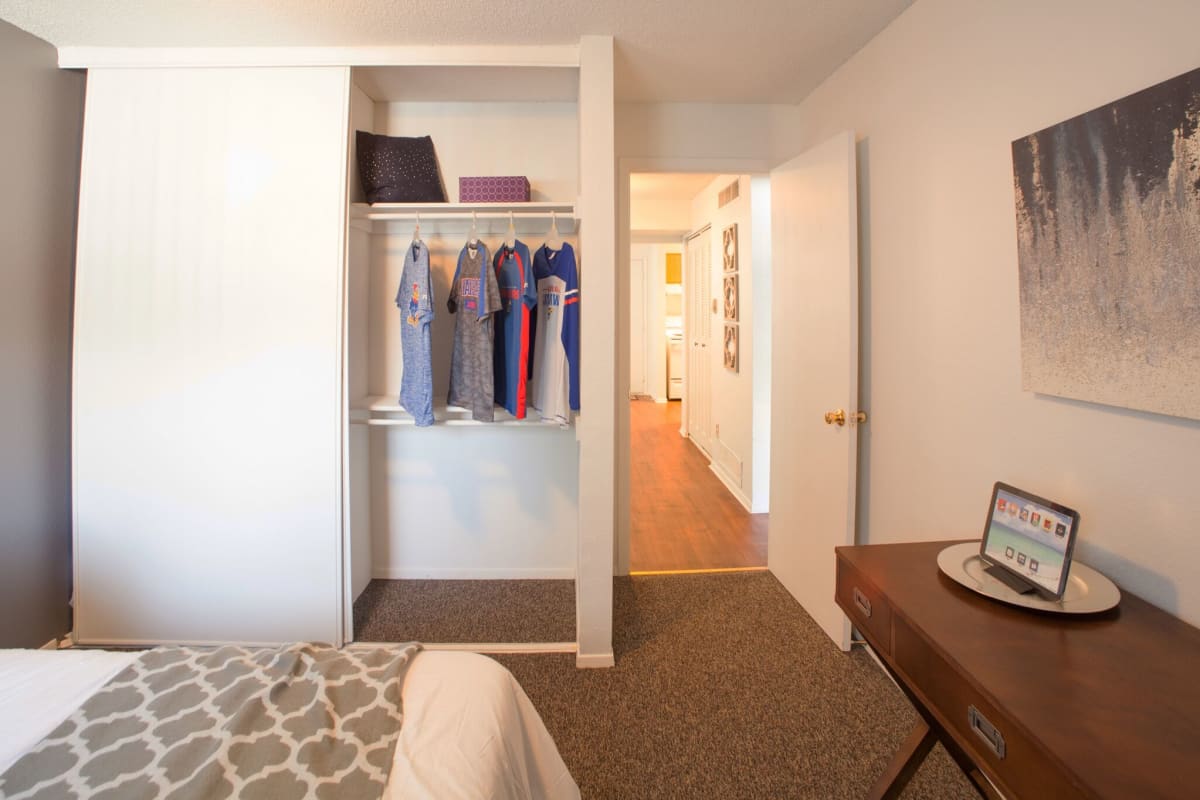 Bedroom with a large closet at Hawks Pointe in Lawrence, Kansas