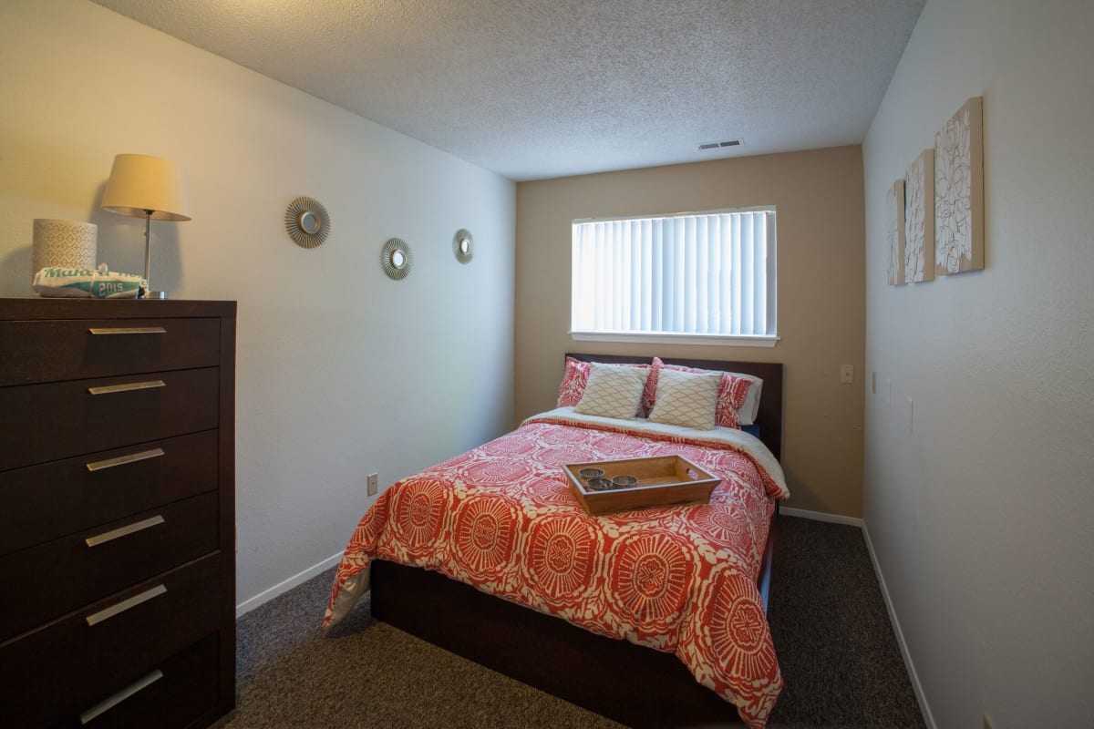 Model bedroom in a student apartment at Hawks Pointe in Lawrence, Kansas