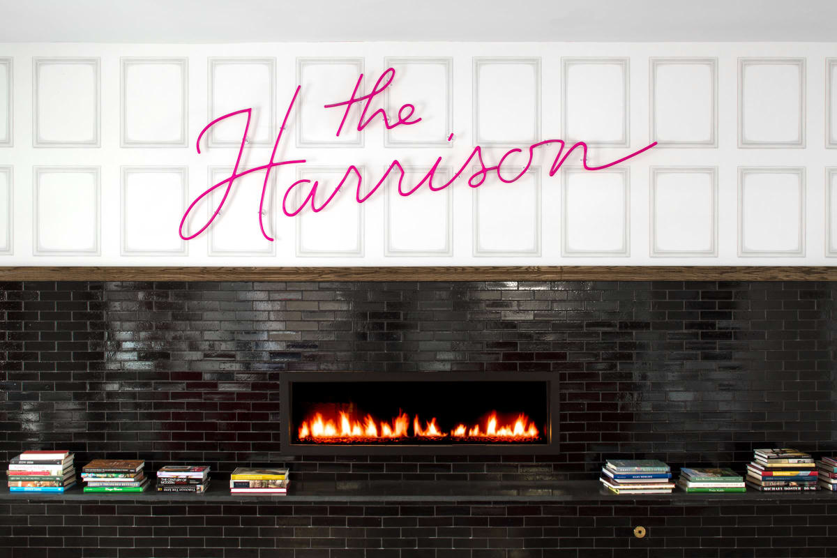 Gas fireplace in the clubhouse at The Harrison in Harrisonburg, Virginia