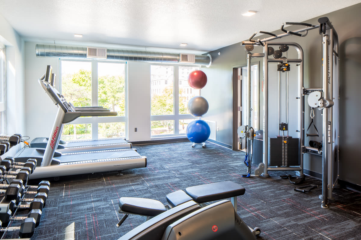 24-hour fitness center with strength and cardio machines at The Foundry in Ames, Iowa