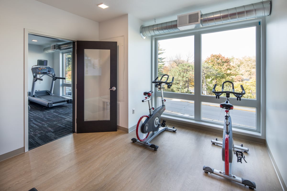 Spin studio in the fitness center at The Foundry in Ames, Iowa