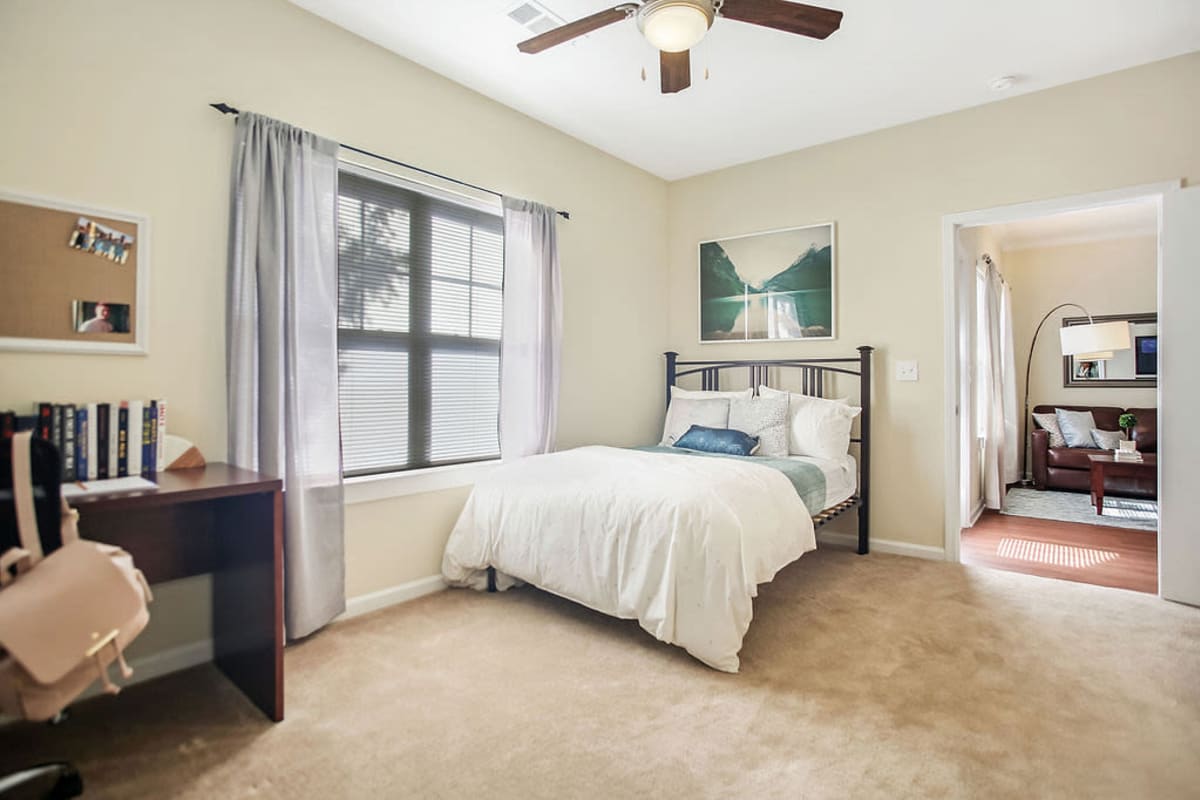 Large student bedroom with plush carpeting and a ceiling fan at West 22 in Kennesaw, Georgia