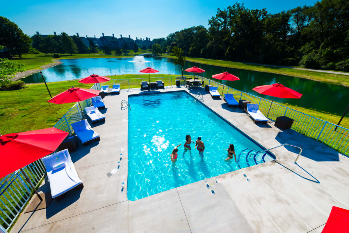 Aerial view of the resort-style swimming pool at Woodland Mews in Ann Arbor, Michigan