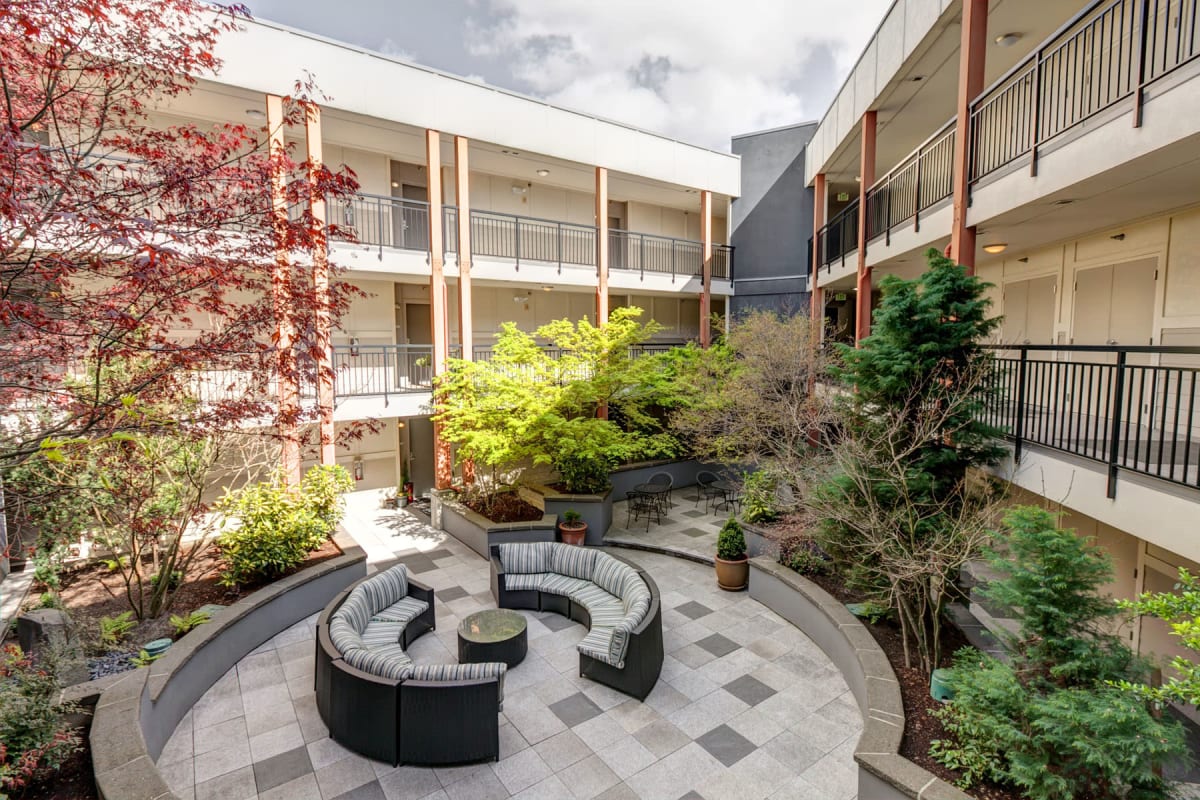 Mature trees and thriving flora surrounding the central courtyard at 700 Broadway in Seattle, Washington