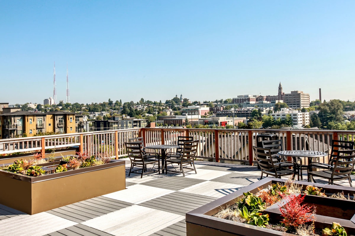 Rooftop lounge with incredible city views at Vantage Park Apartments in Seattle, Washington