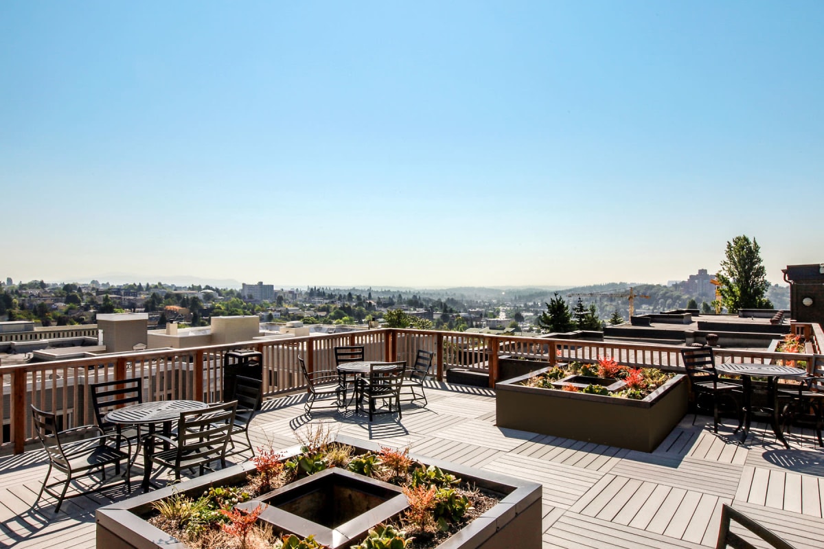 Gorgeous day at the rooftop lounge at Vantage Park Apartments in Seattle, Washington