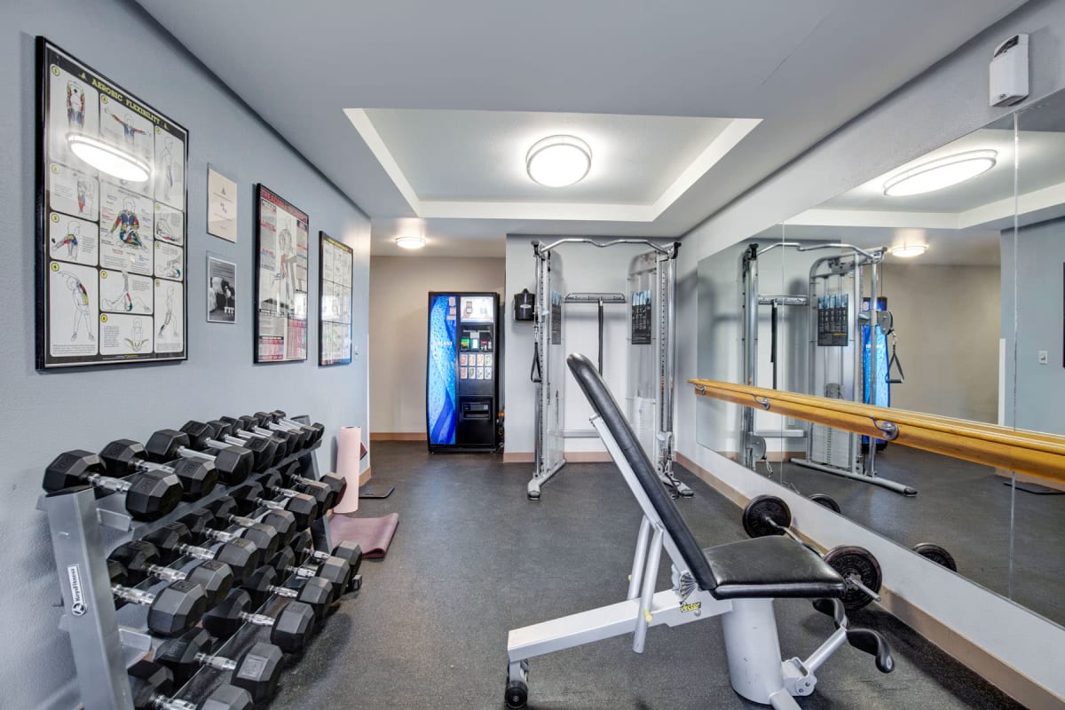 Mirrored wall in front of the weights in the fitness center at Vantage Park Apartments in Seattle, Washington