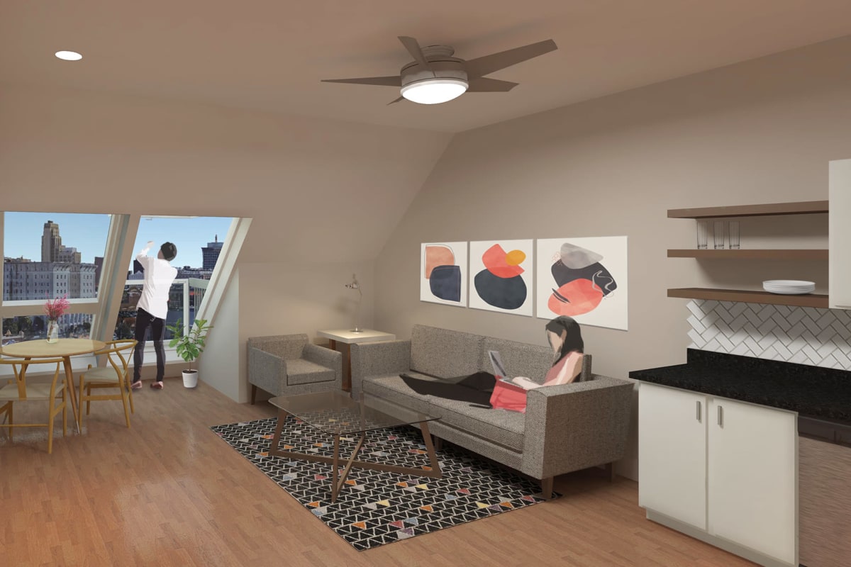 Modern living room area with cool views at The 805W Lofts in Richmond, Virginia