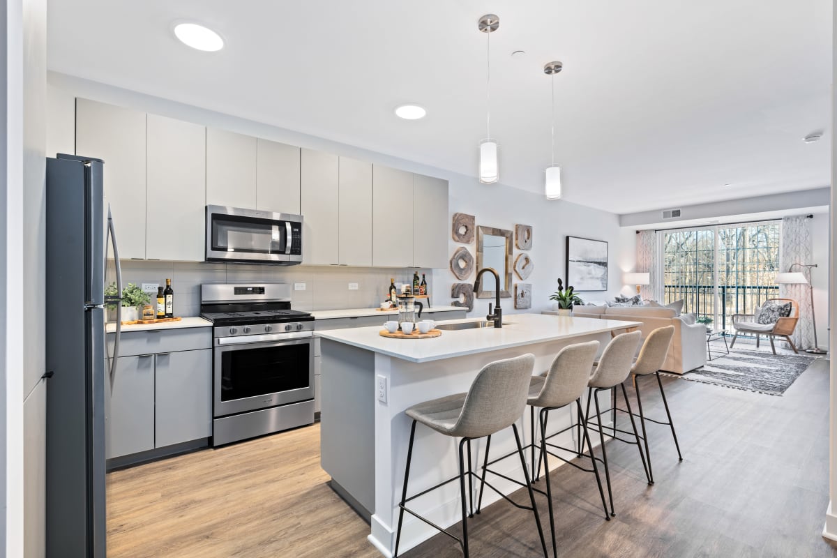 Very bright and welcoming kitchen at The Residences at Sawmill Station in Morton Grove, Illinois