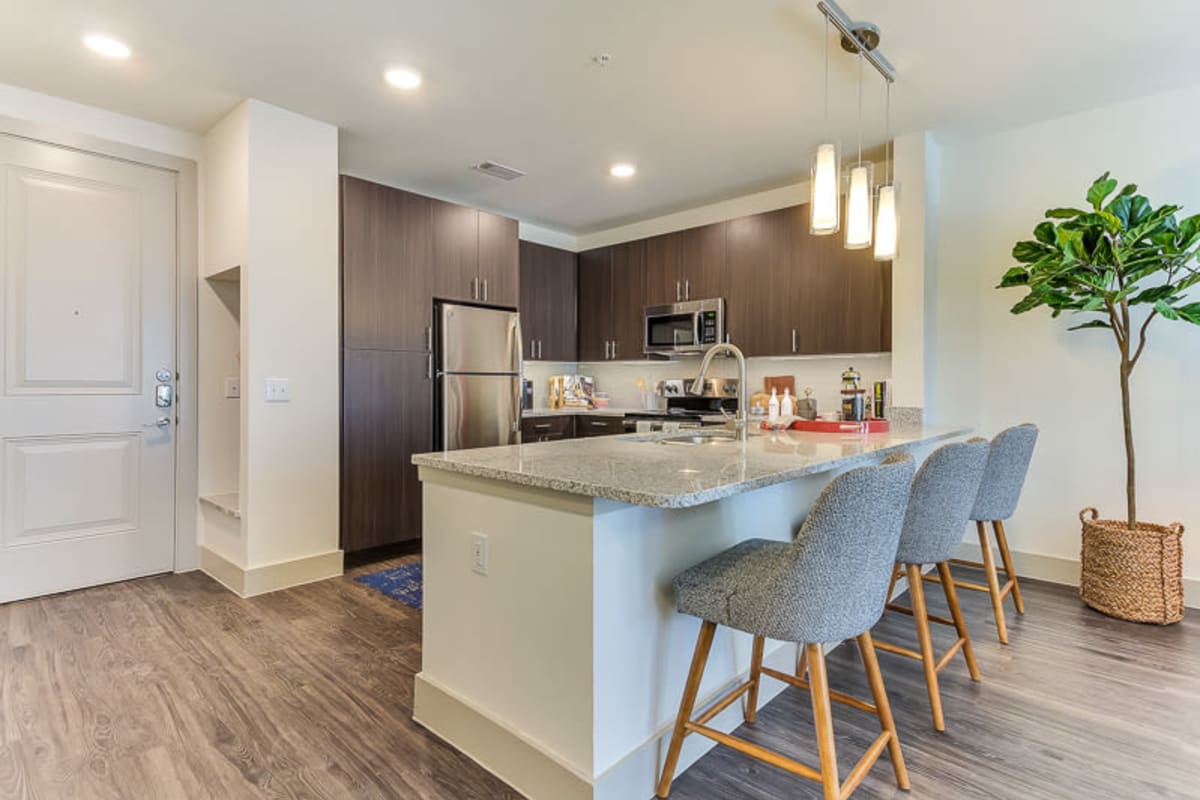 Sleek kitchen with nice granite counter tops and stainless steel appliances at The Nash in Dallas, Texas