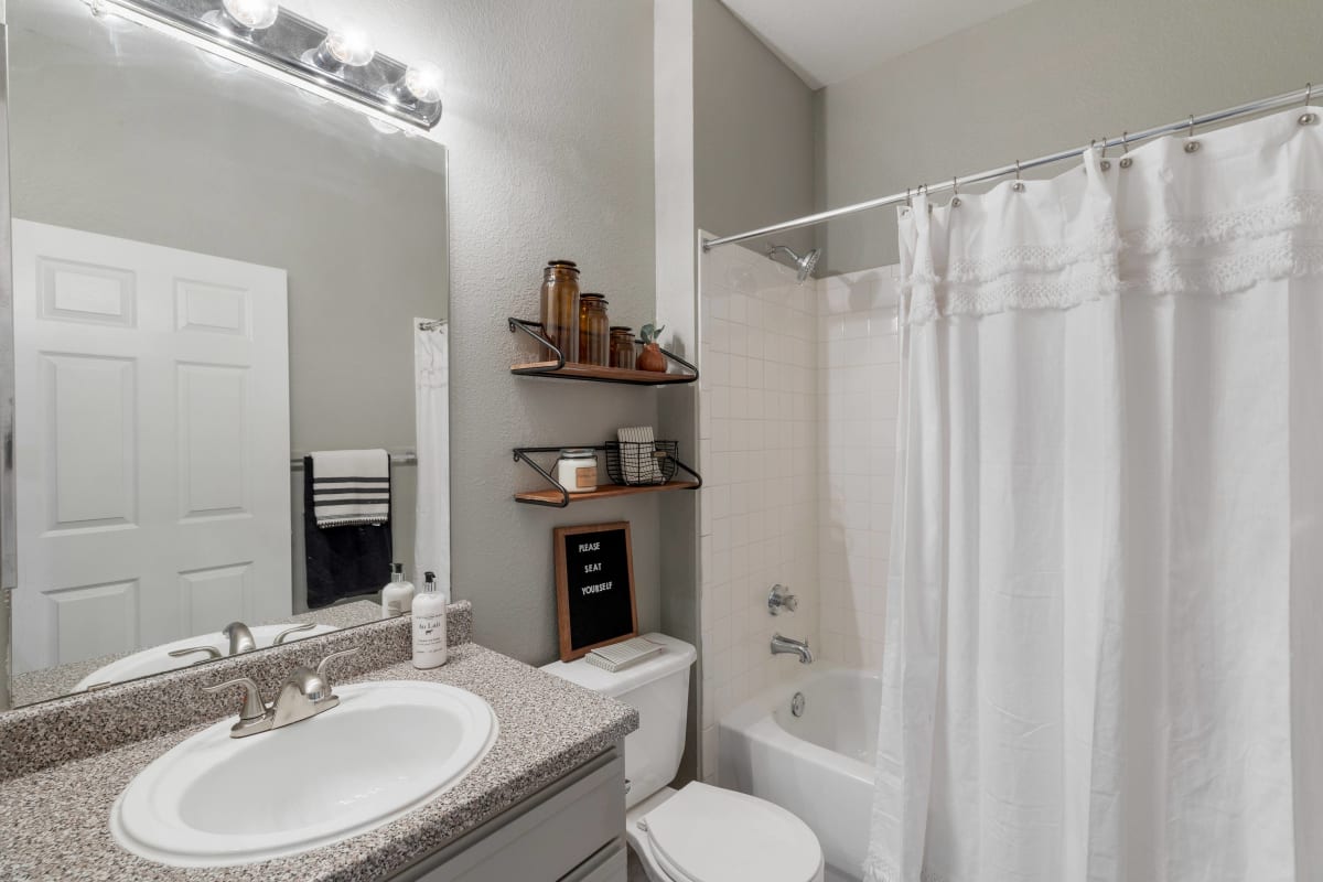 Bathroom amenities at The Leonard in Denton, Texas