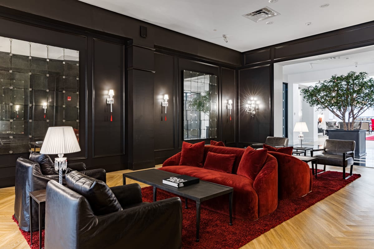 Luxurious lobby lounge at 20 Hawley in Binghamton, New York