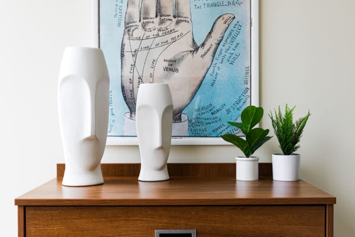 Sculptures and planters on an accent table in a student apartment at 20 Hawley in Binghamton, New York