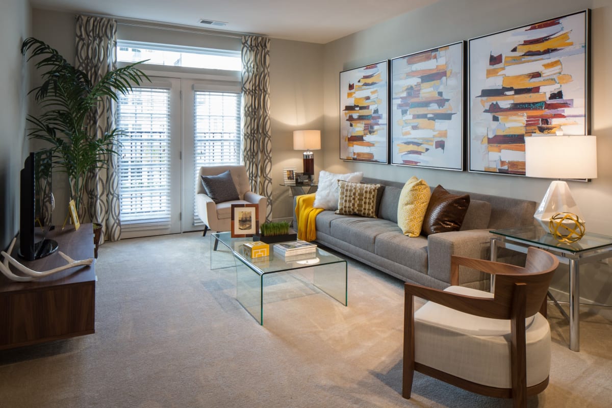Cozy living room in a nice model home at The Tala at Washington Hill in Baltimore, Maryland