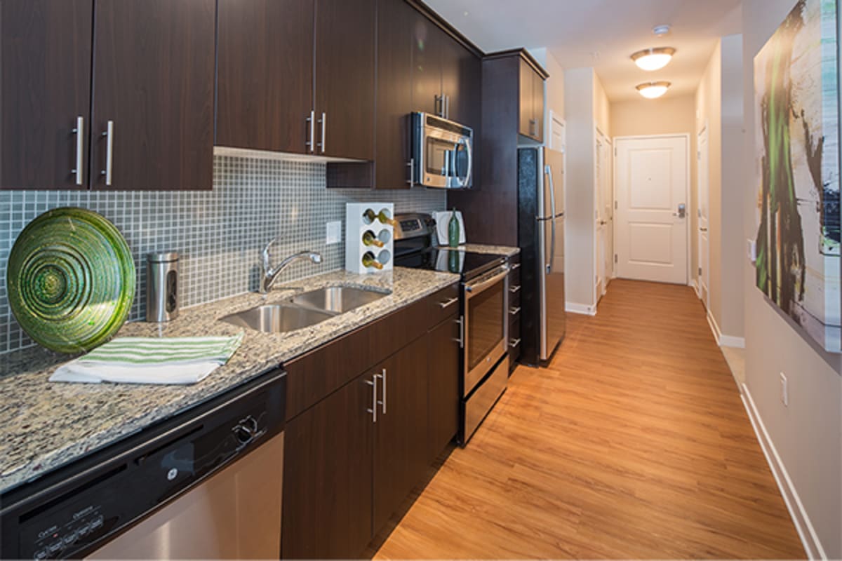 Spacious kitchen in a studio apartment at The Tala at Washington Hill in Baltimore, Maryland