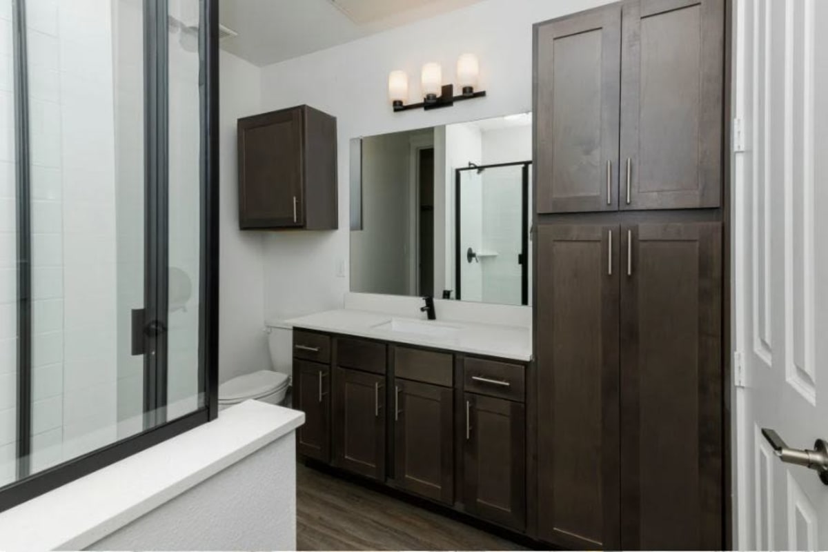 Bathroom with espresso cabinetry at Elevate at Skyline in McKinney, Texas