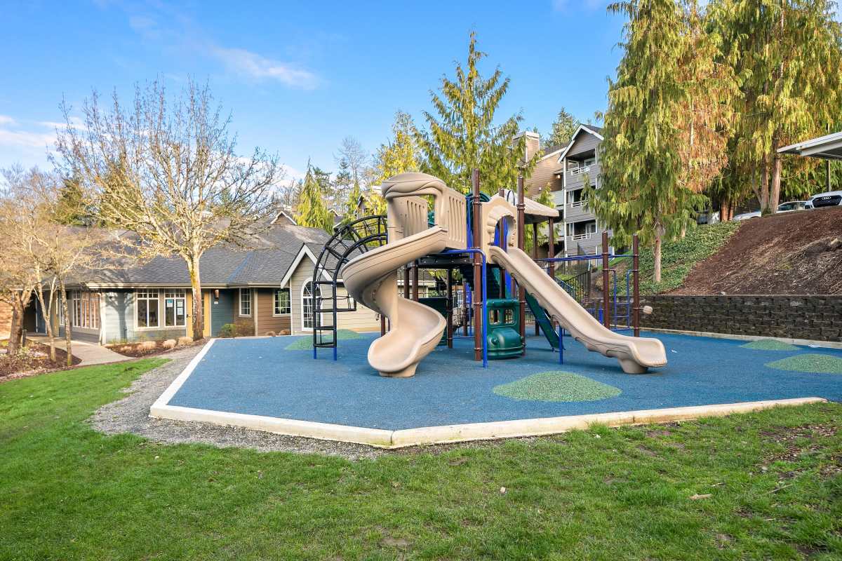 Community playground with slides at Overlook at Lakemont in Bellevue, Washington
