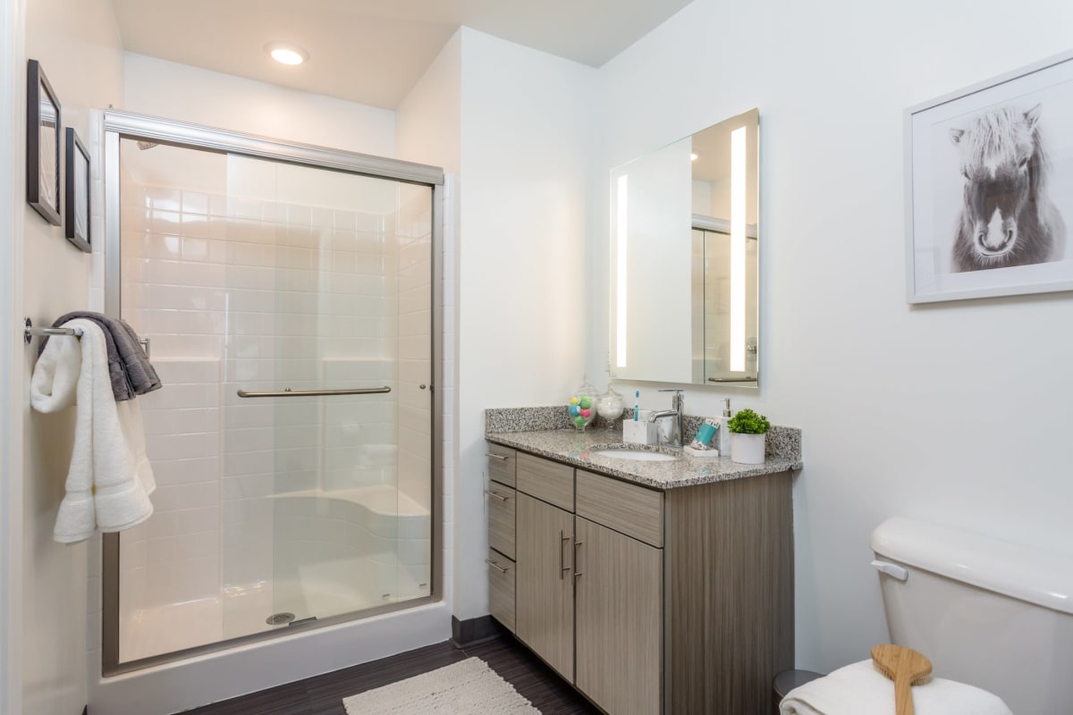 Model bathroom with a glass shower enclosure at The Altitude in Harrisonburg, Virginia