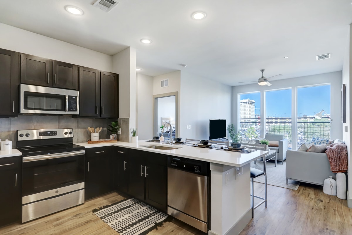 Modern kitchen with dark cabinetry and stainless-steel appliances at Tower 5040 in Houston, Texas