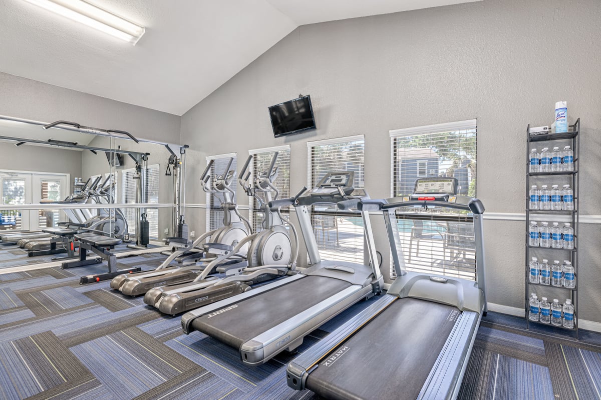 Cardio machines facing windows with wall-mounted monitor above windows at Austin Midtown in Austin, Texas