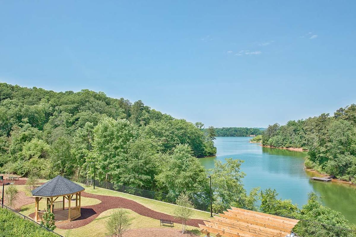 Balcony overlooking the pool and lake at Edgewater on Lanier in Gainesville, Georgia