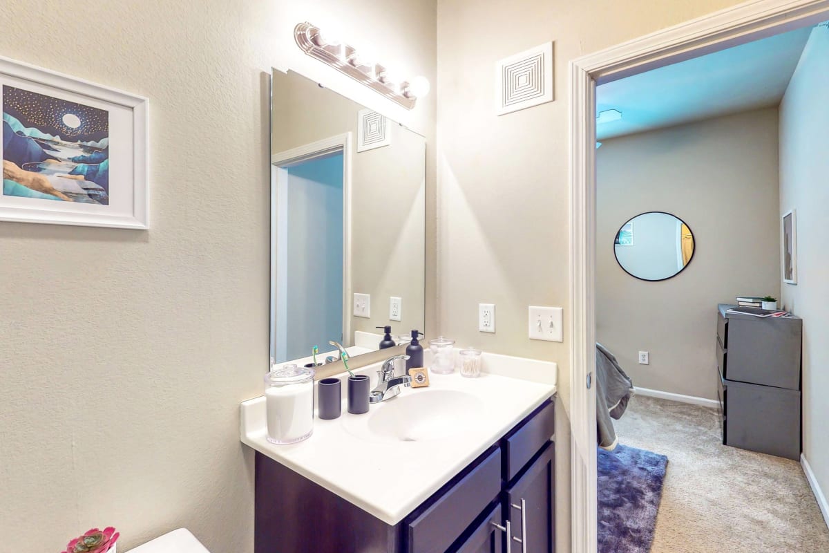 Bathroom attached to bedroom at The Dillon in Bloomington, Indiana