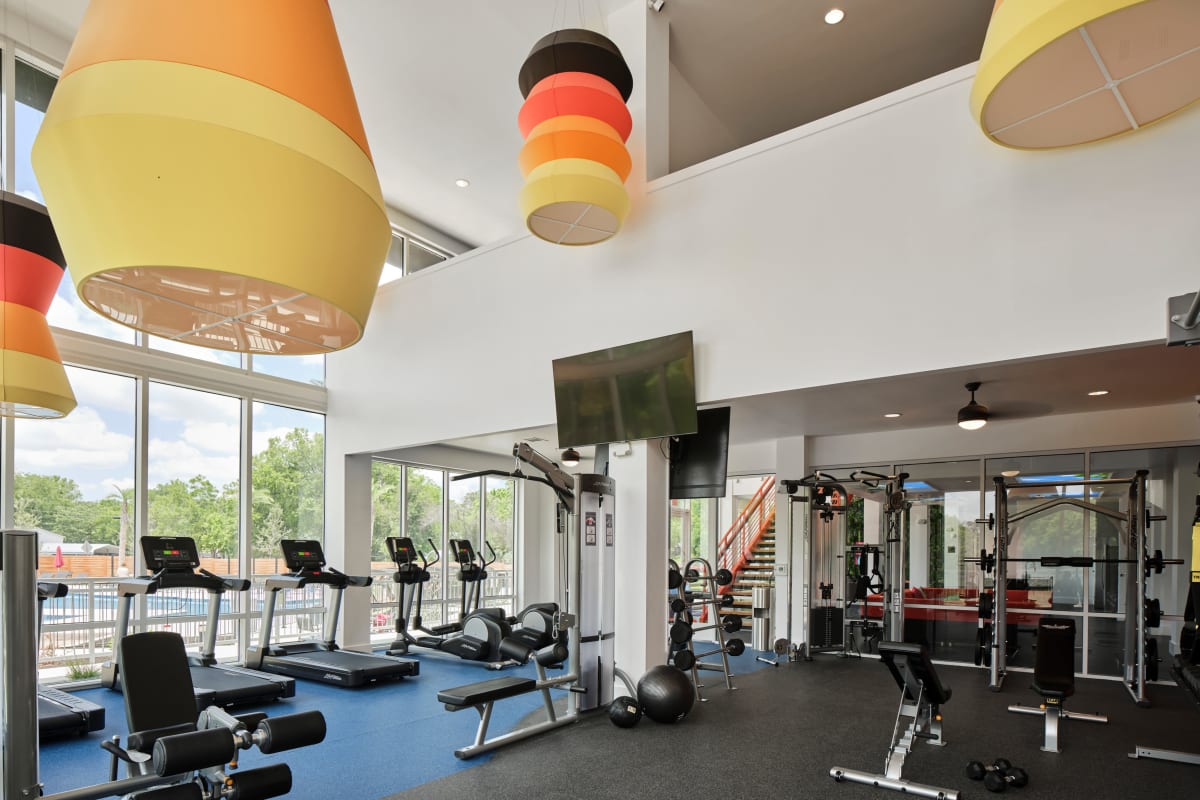Spacious fitness center at The View on the Square in San Marcos, Texas