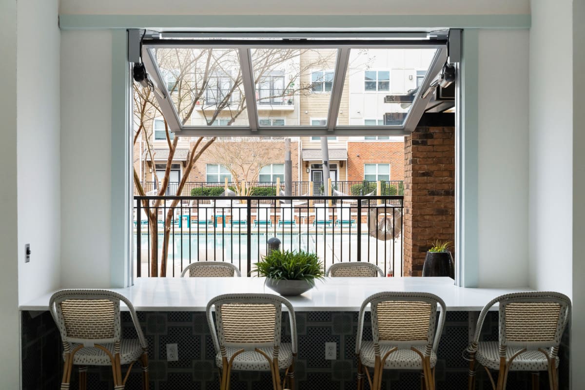 Lounge seating at an open window at The Blake in Kennesaw, Georgia