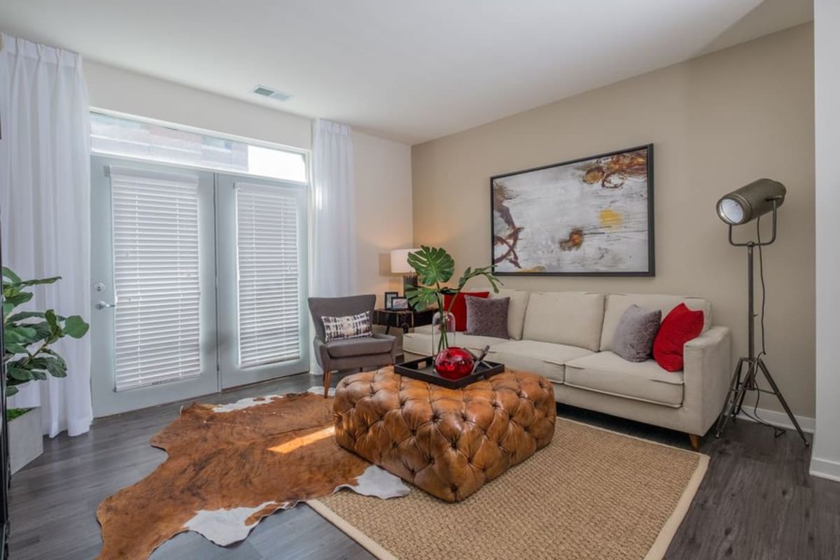 Spacious living room with plank flooring at Circa Apartments in Indianapolis, Indiana