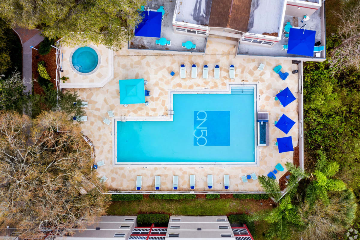 Aerial view of the pool and hot tub at On50 in Tampa, Florida