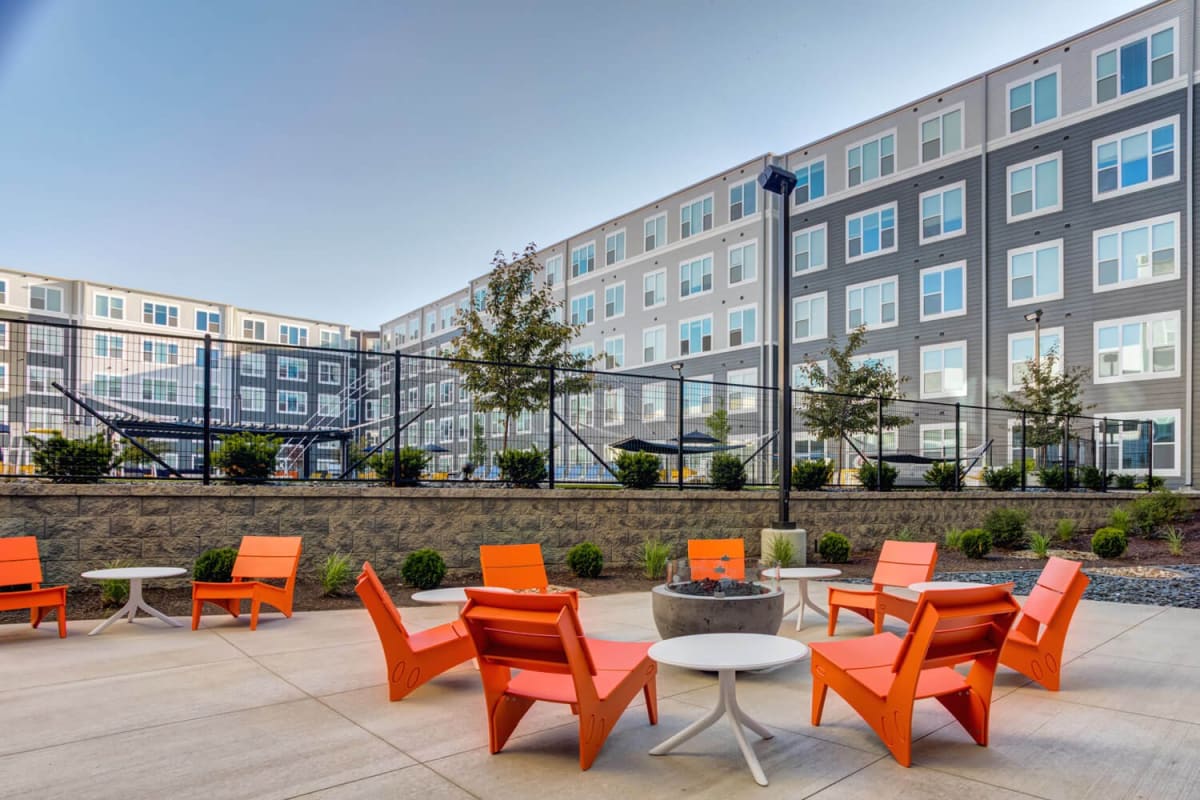 Outdoor lounge seating at The Banks Student Living in Coralville, Iowa