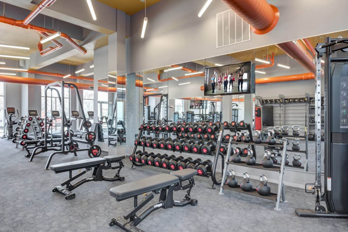 Weights in the fitness center at The Banks Student Living in Coralville, Iowa