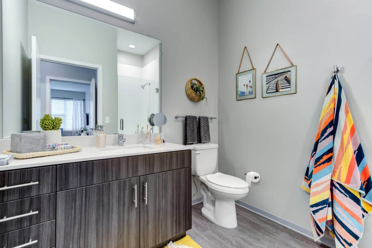 An apartment bathroom at The Banks Student Living in Coralville, Iowa