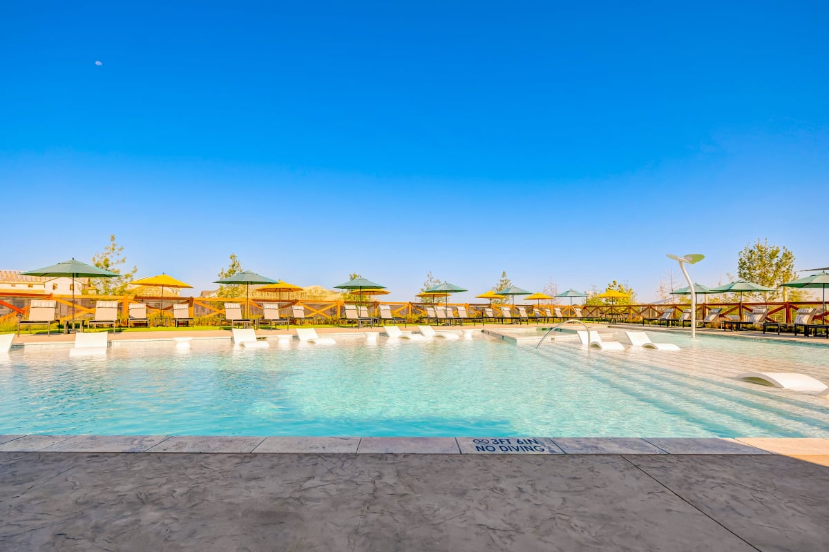 Gorgeous swimming pool on a sunny day at BB Living Light Farms in Celina, Texas