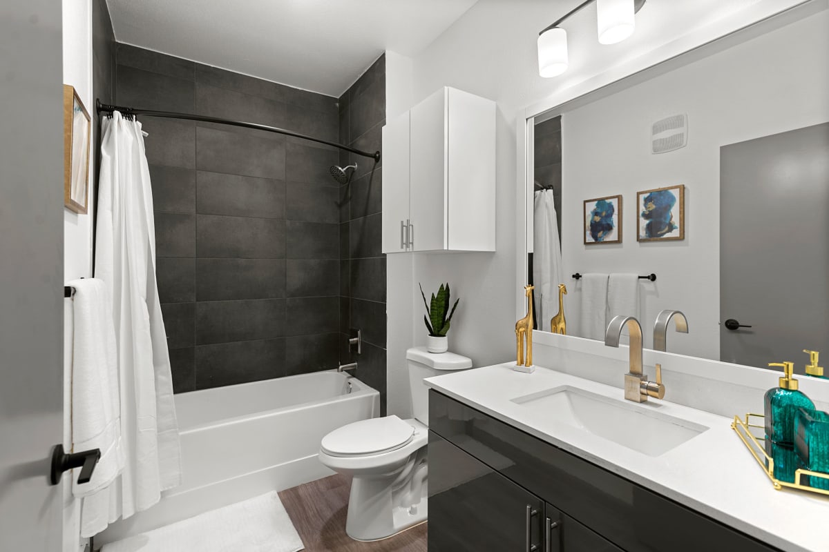 Luxury bathroom in the model unit at The View on the Square in San Marcos, Texas