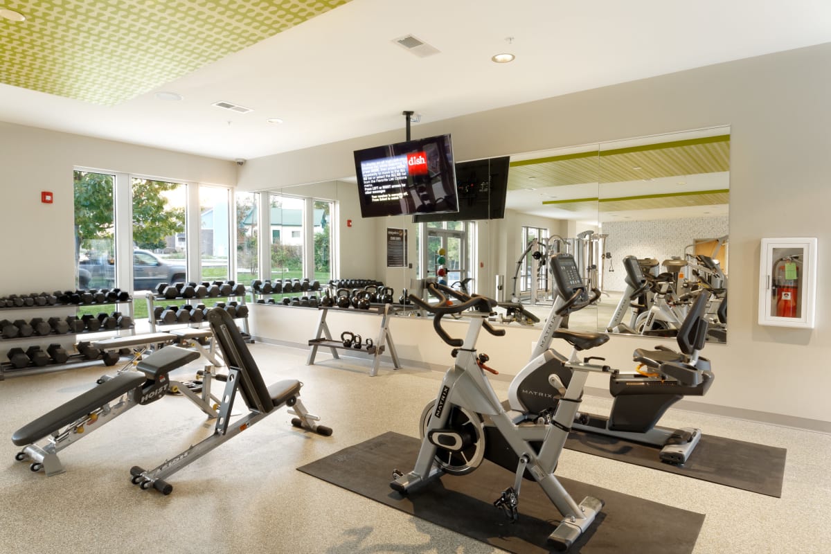 Free weights and cardio equipment at The Dillon in Bloomington, Indiana