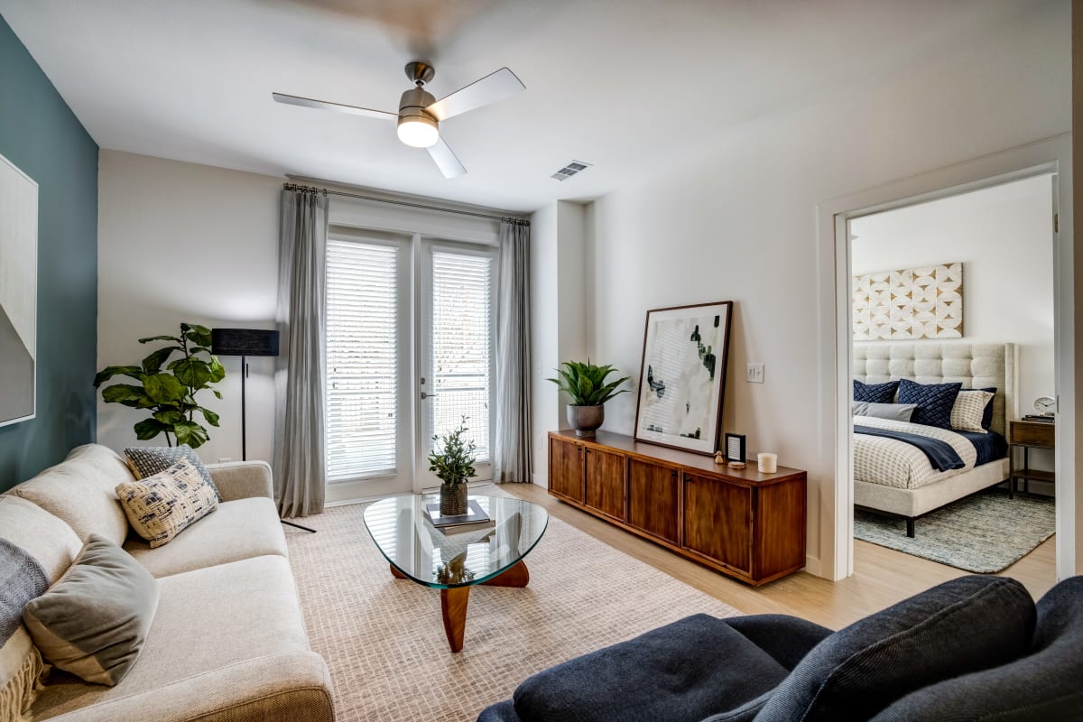 Well-decorated model living space at 44 South in Austin, Texas