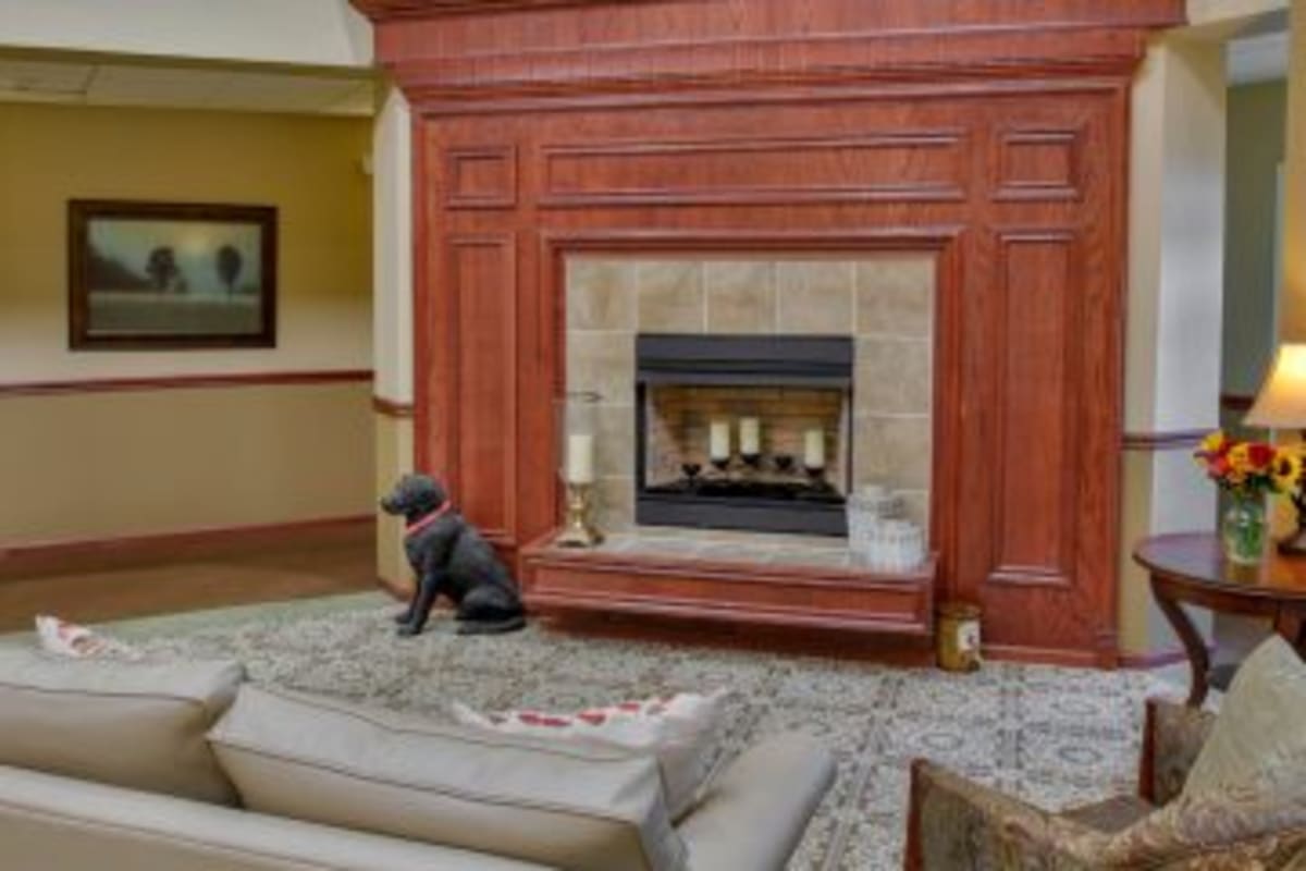 Community lounge with sofa and electric fireplace at Trustwell Living of Springfield in Springfield, Illinois