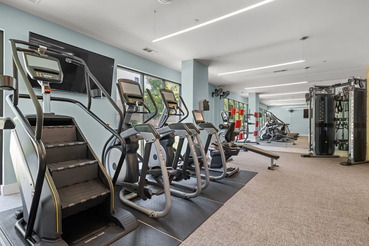 Fully equipped fitness center at The Clark in Austin, Texas