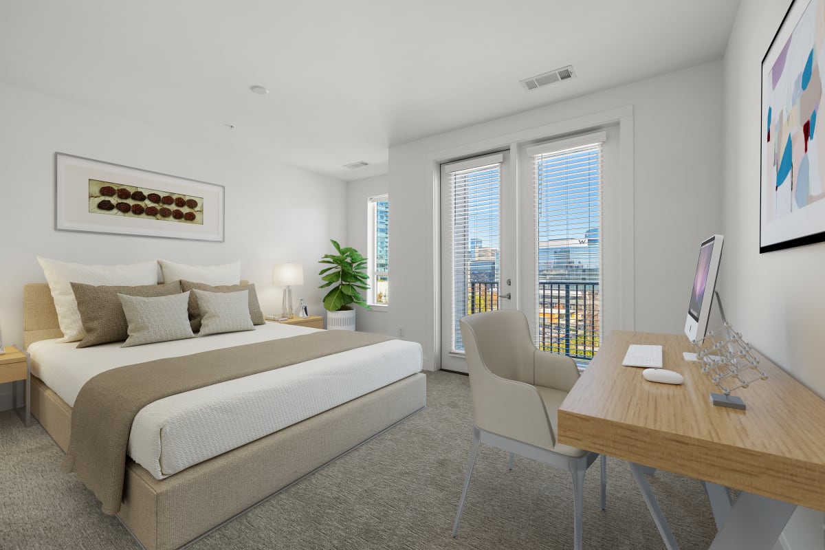Spacious penthouse bedroom at Marq Music Row in Nashville, Tennessee