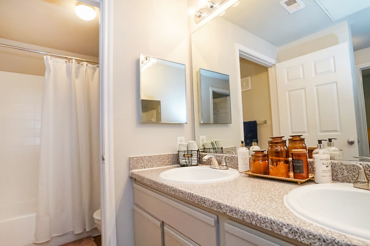Bathroom with a bathtub and large vanity mirror at The Leonard in Denton, Texas