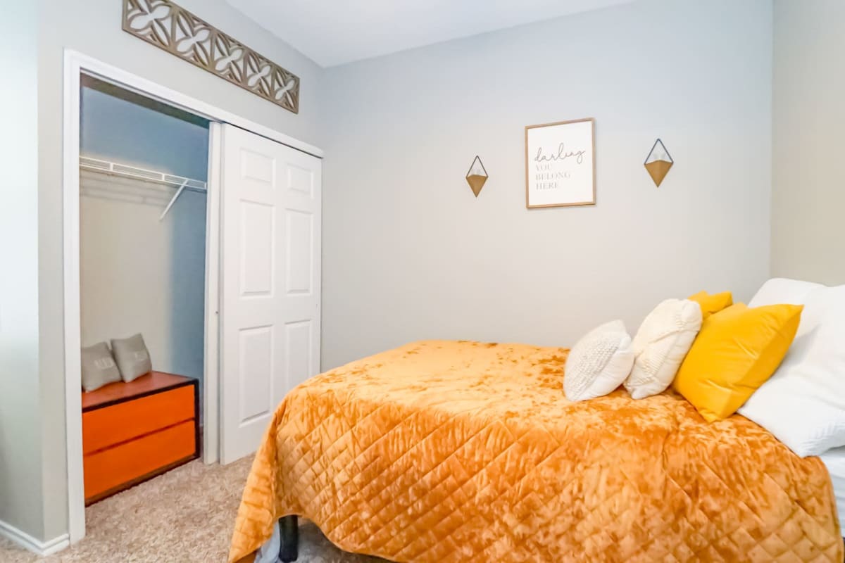 Decorated guest bedroom at The Leonard in Denton, Texas
