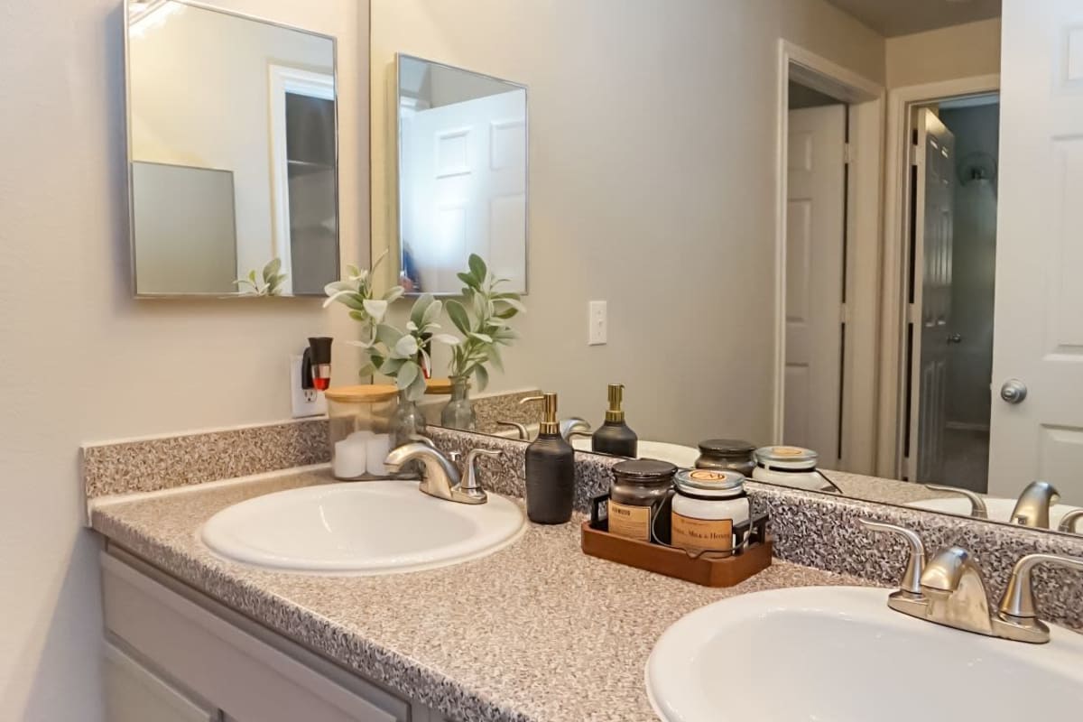 Decorated model bathroom at The Leonard in Denton, Texas
