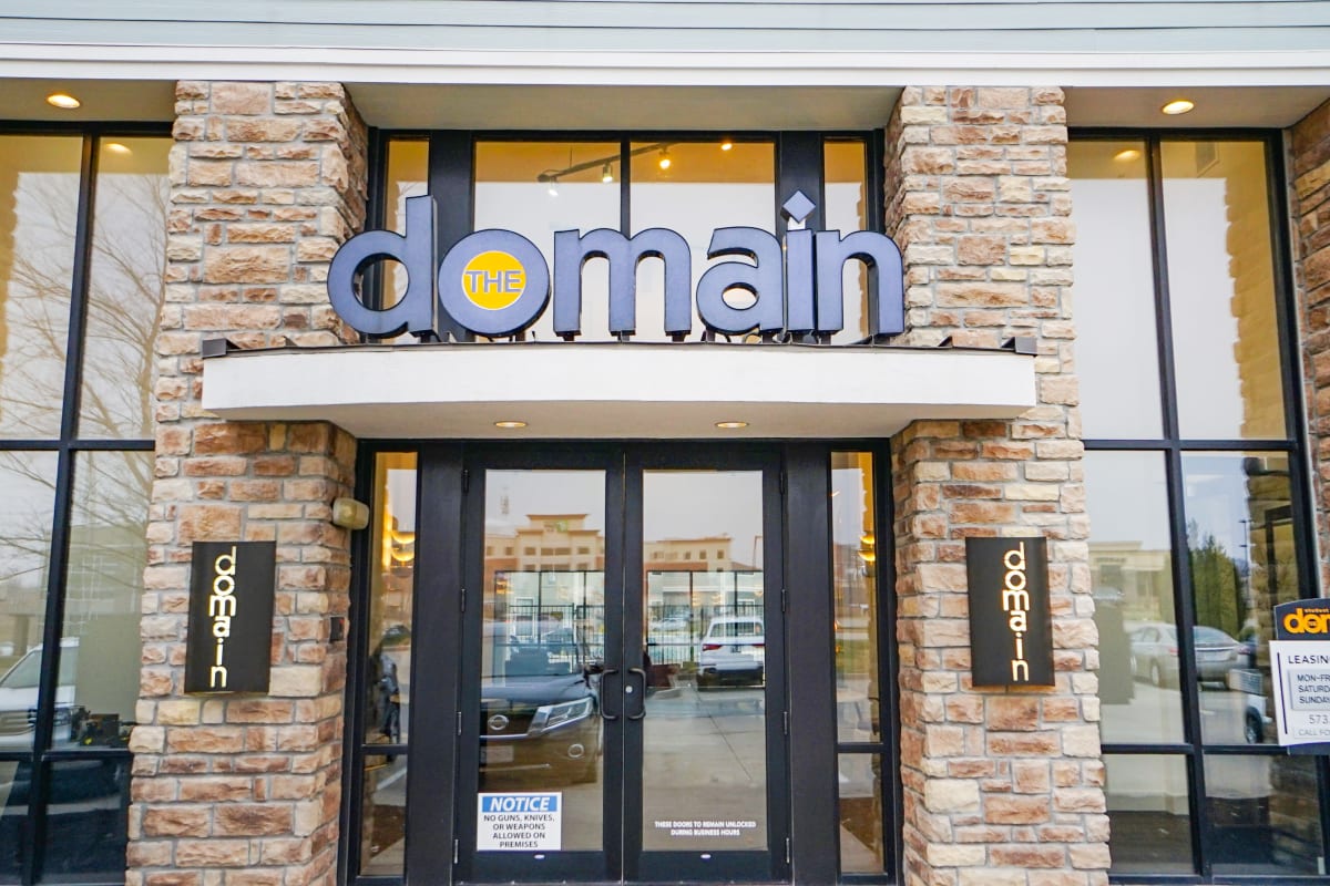 Main entrance with location name at The Domain at Columbia in Columbia, Missouri