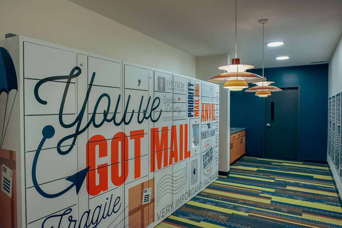 Mail room at Anvil 38 Apartments in Lafayette, Indiana