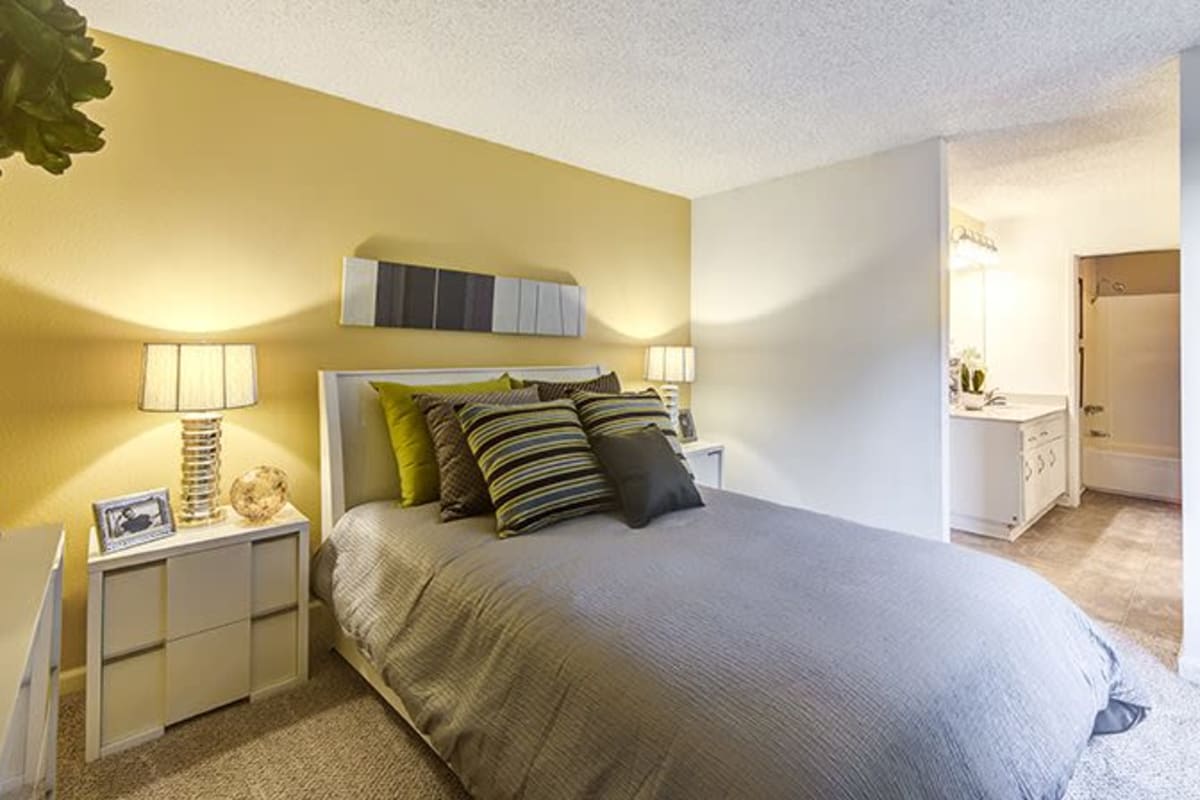 Model bedroom at Alura in Woodland Hills, California